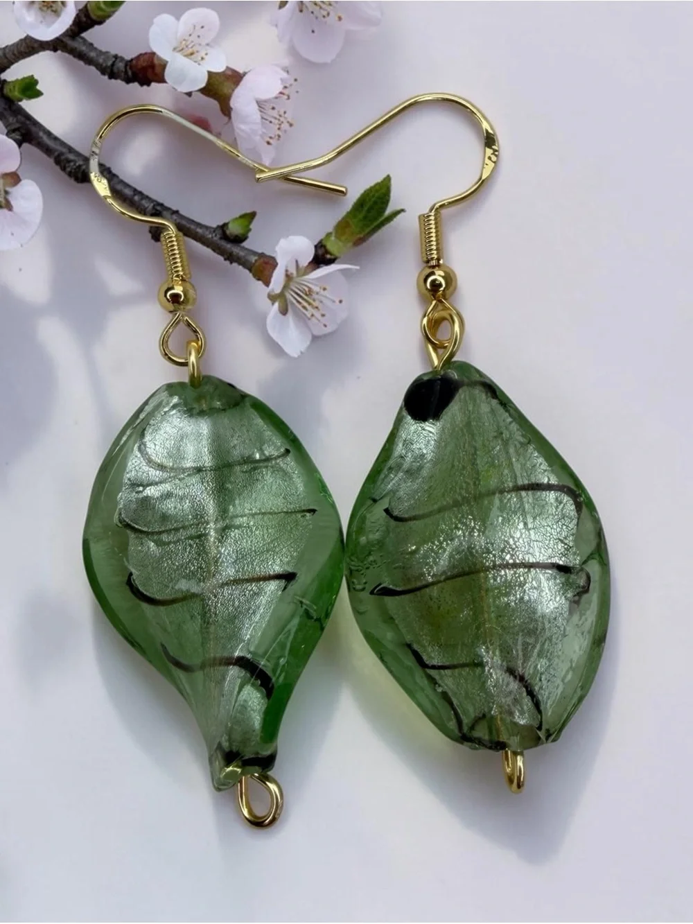 Green Leaf Glass Drop Earrings - Women Jewelry
